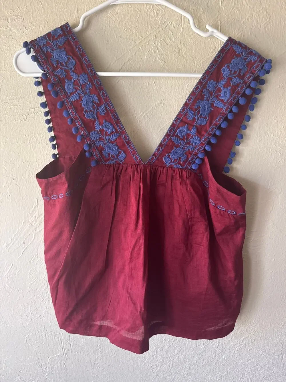 J. Crew Embroidered Tank with Pom Poms in Burgundy Size 6